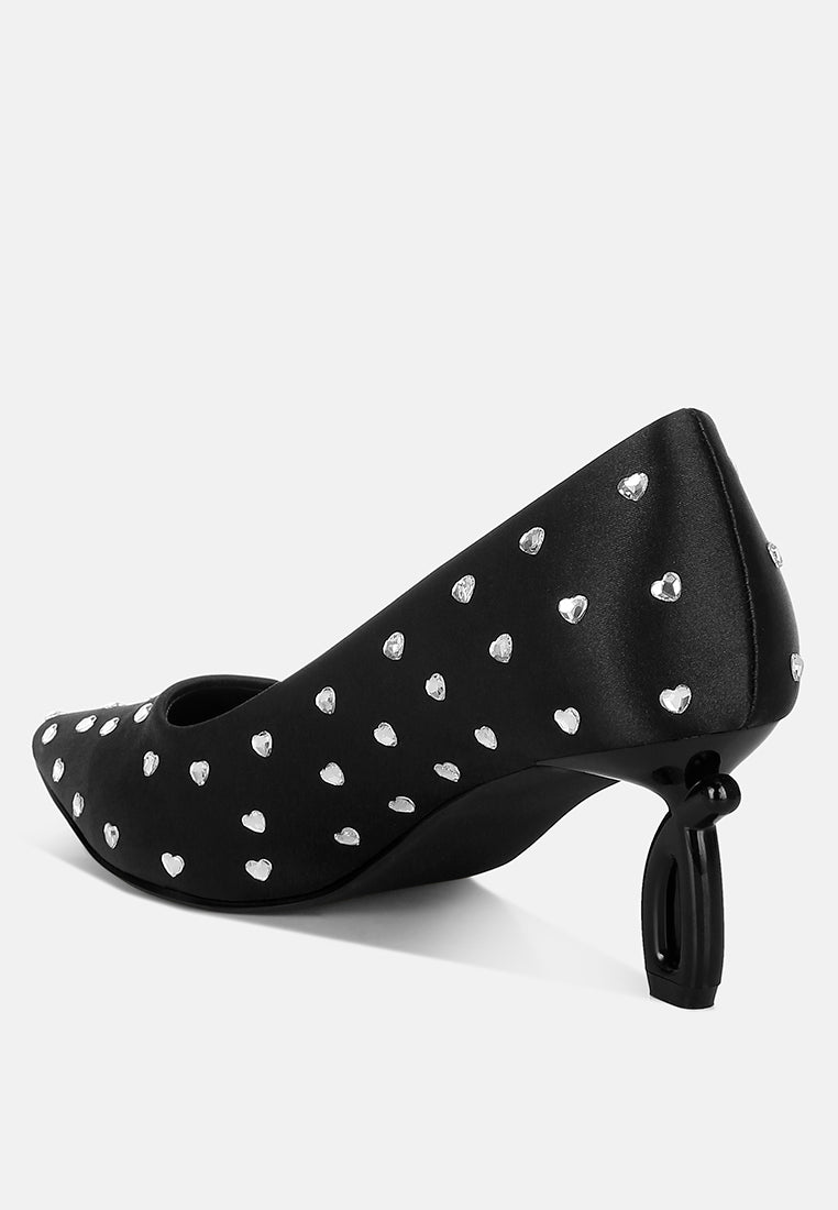 women heart-shaped rhinestones pumps#color_black