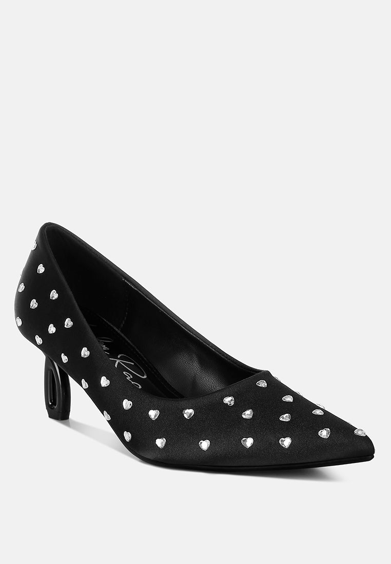 women heart-shaped rhinestones pumps#color_black