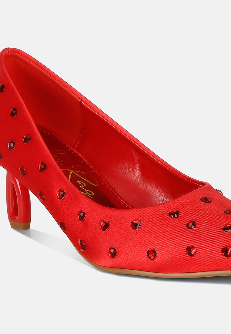 women heart-shaped rhinestones pumps#color_red