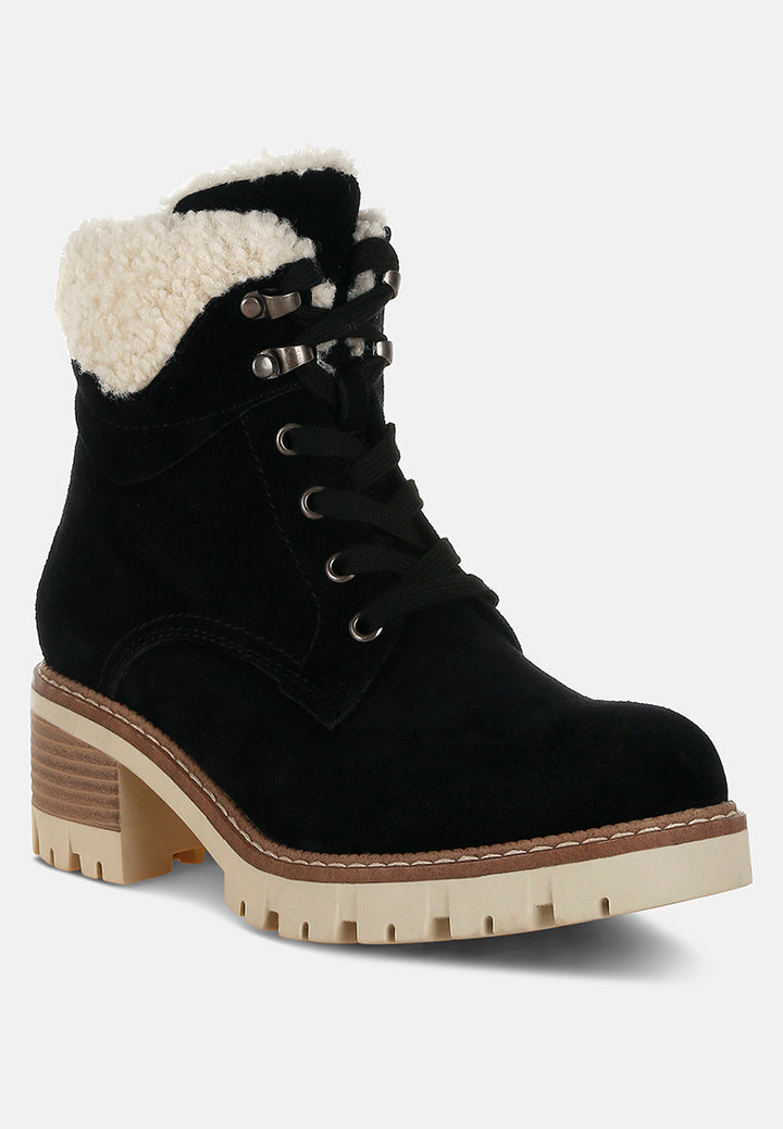 women fur collar chunky ankle boots#color_black