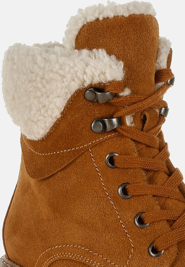 women fur collar chunky ankle boots#color_tan