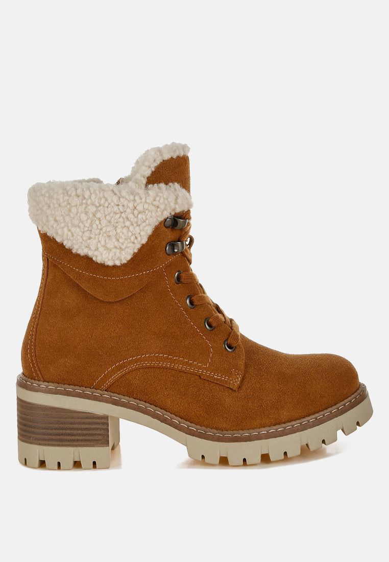 women fur collar chunky ankle boots#color_tan