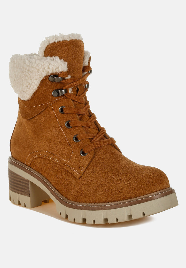 women fur collar chunky ankle boots#color_tan
