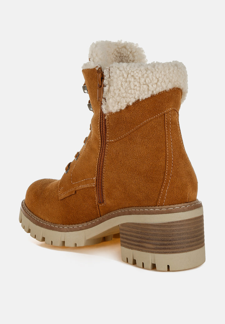 women fur collar chunky ankle boots#color_tan