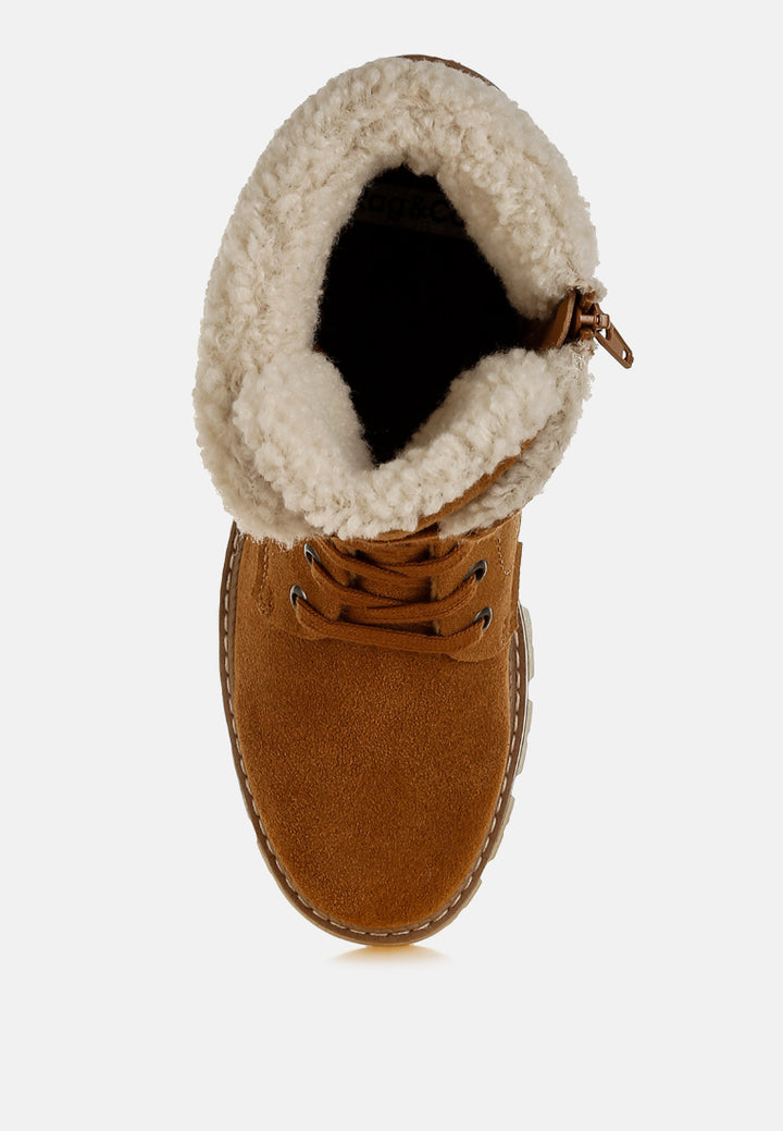 women fur collar chunky ankle boots#color_tan