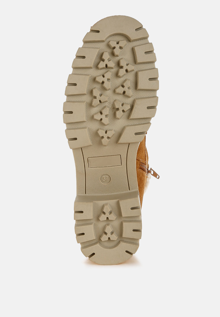 women fur collar chunky ankle boots#color_tan