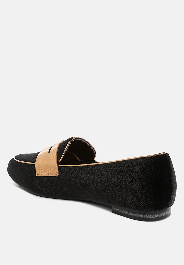 women penny strap velvet loafers#color_black