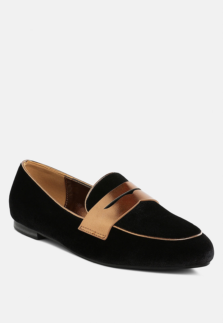 women penny strap velvet loafers#color_black