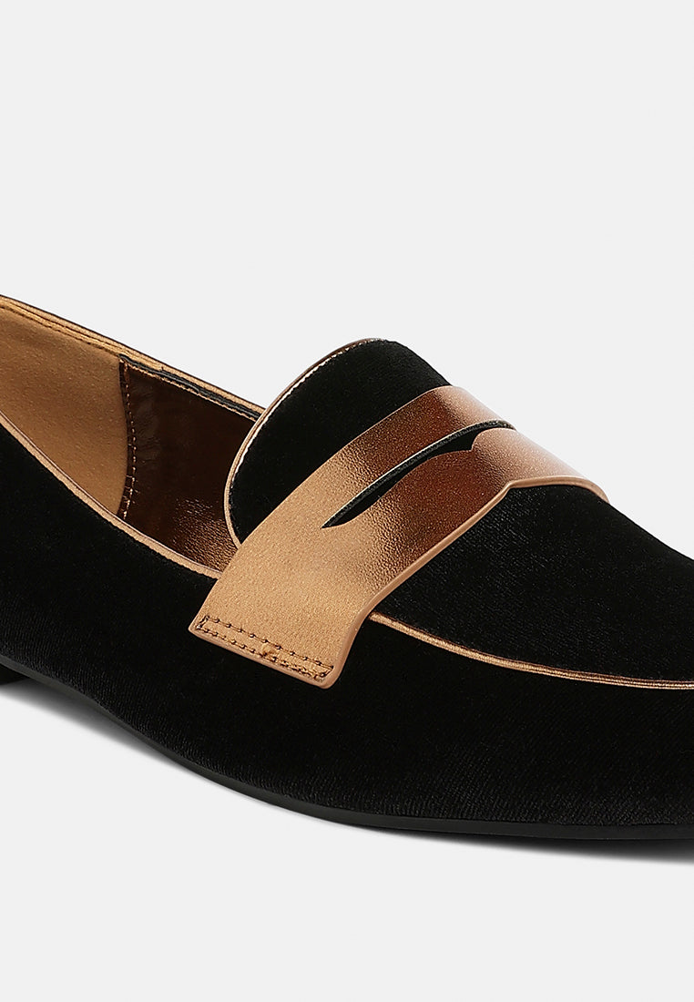 women penny strap velvet loafers#color_black