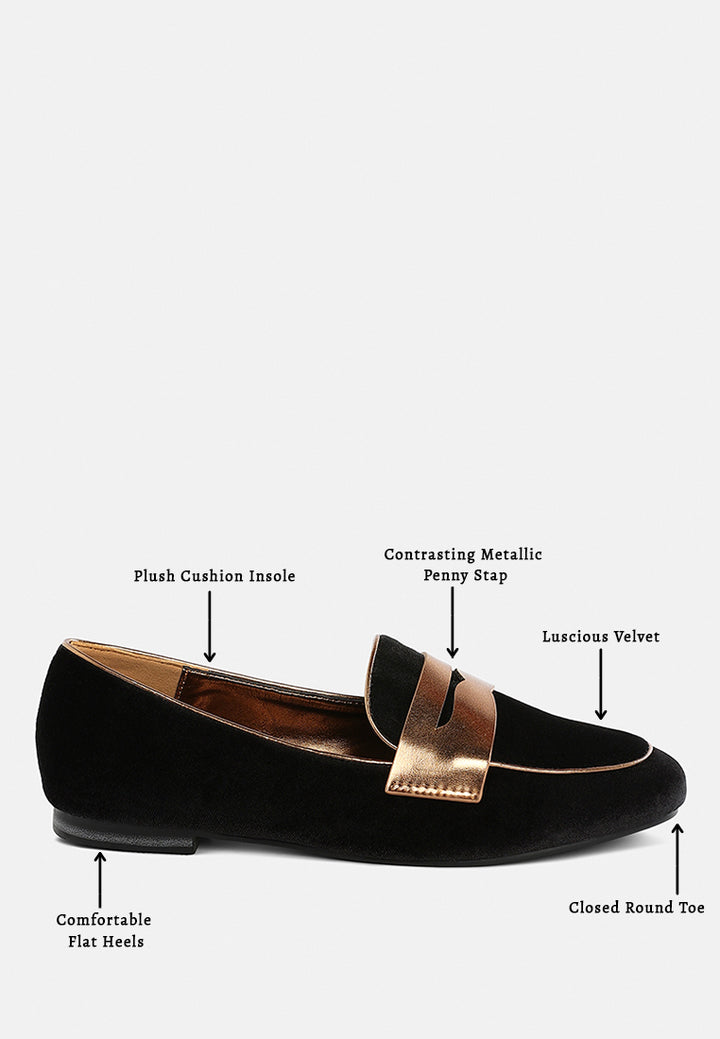 women penny strap velvet loafers#color_black