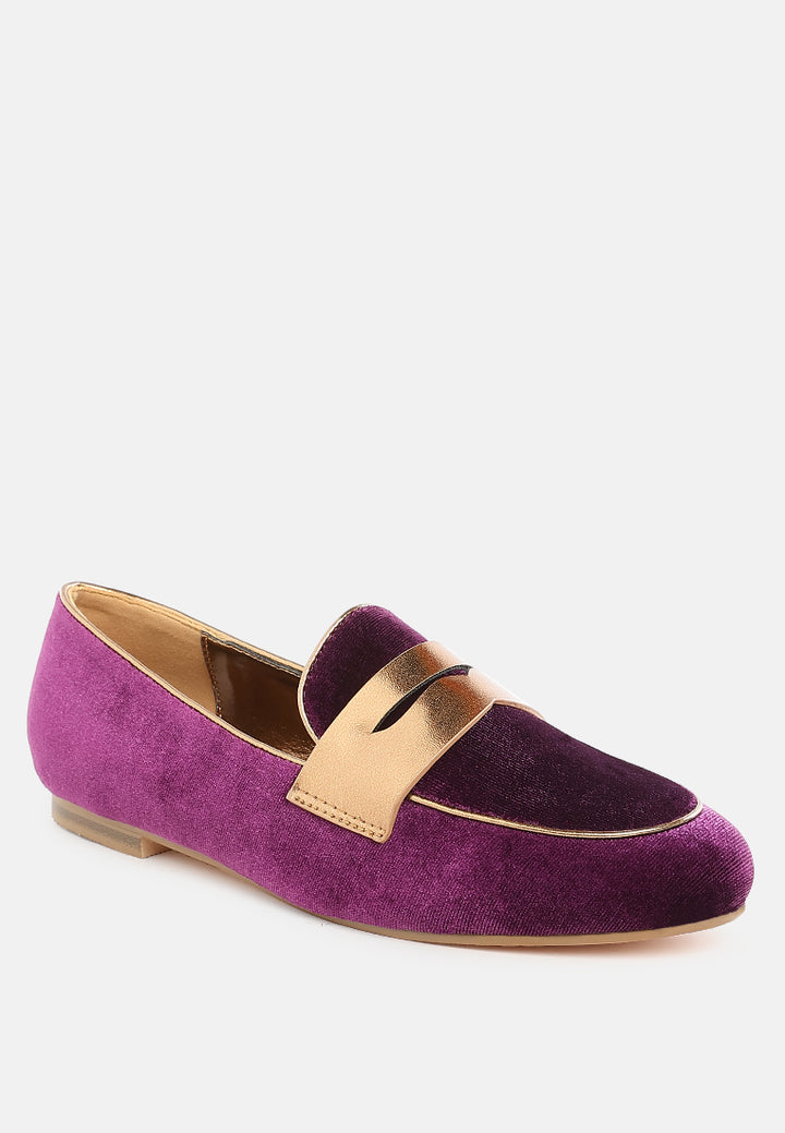 women penny strap velvet loafers#color_purple