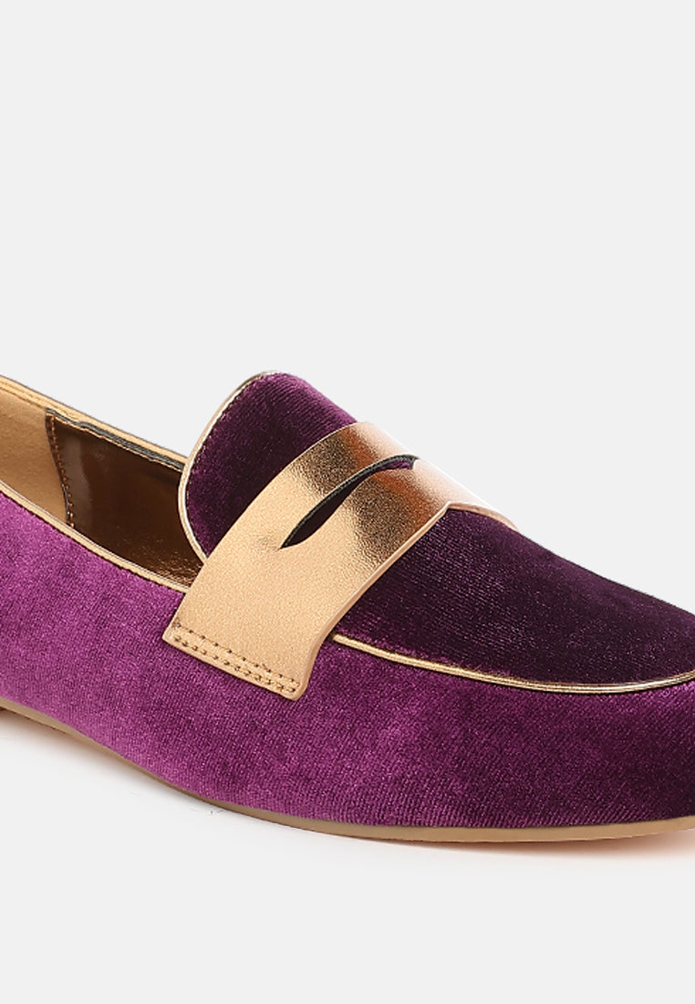 women penny strap velvet loafers#color_purple