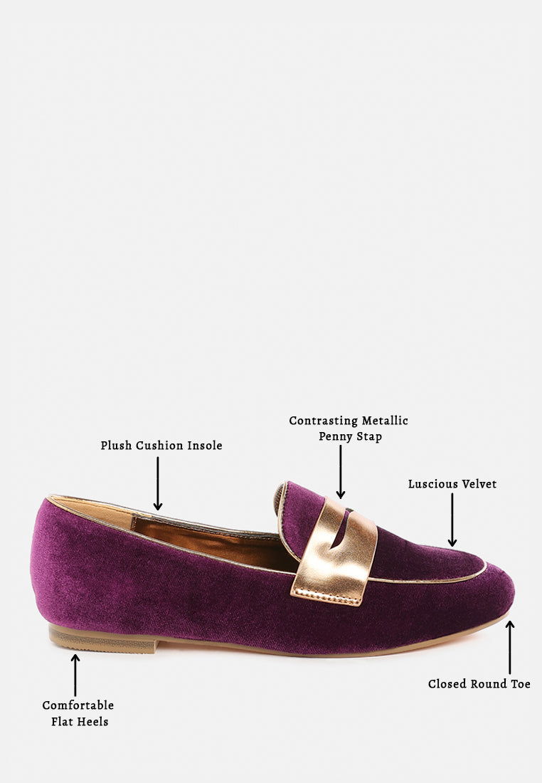 women penny strap velvet loafers#color_purple