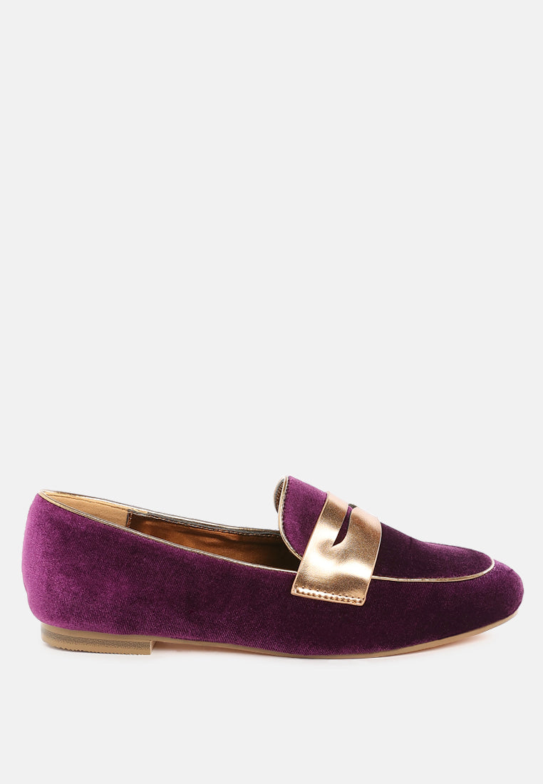 women penny strap velvet loafers#color_purple