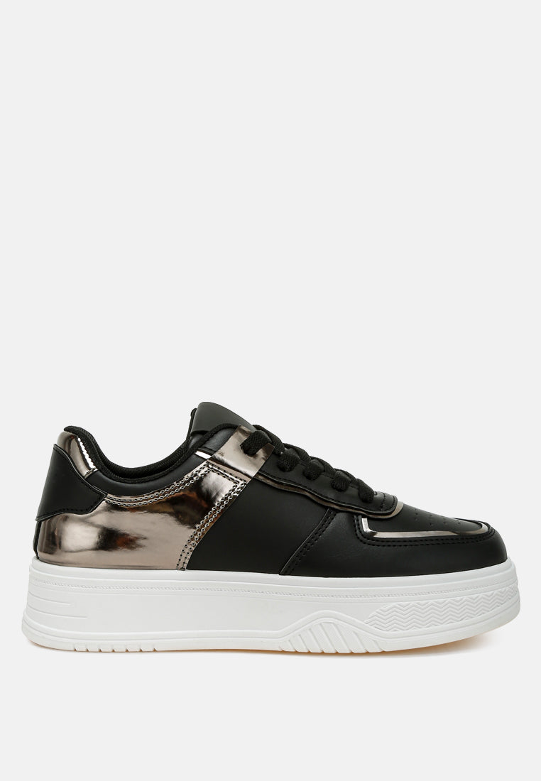 women metallic paneling platform sneakers#color_black-pewter