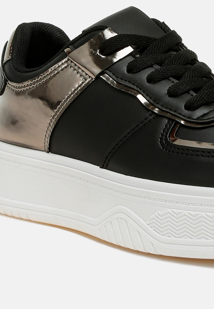 women metallic paneling platform sneakers#color_black-pewter