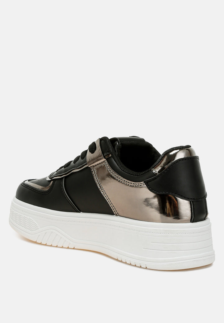 women metallic paneling platform sneakers#color_black-pewter