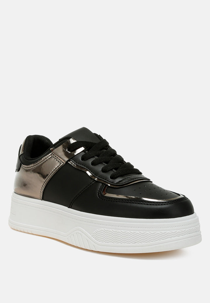 women metallic paneling platform sneakers#color_black-pewter