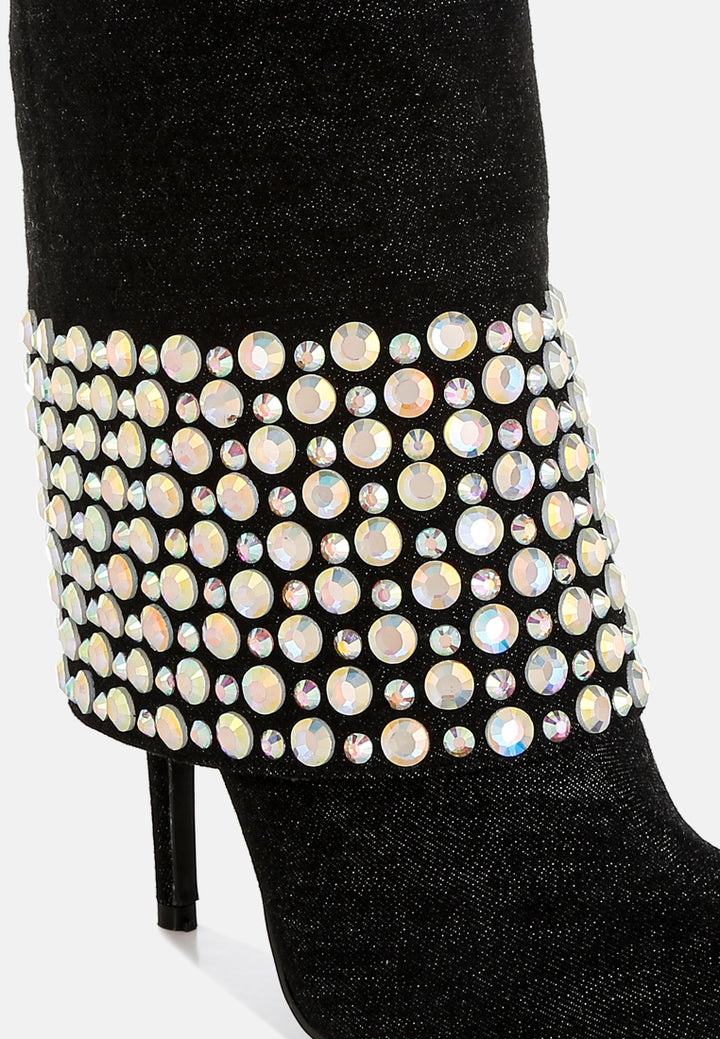 diamante & rhinestones denim boots#colour_black