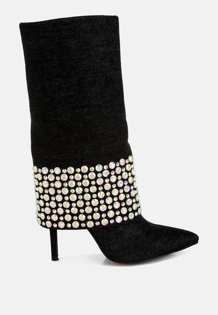 diamante & rhinestones denim boots#colour_black
