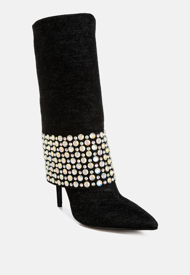 diamante & rhinestones denim boots#colour_black