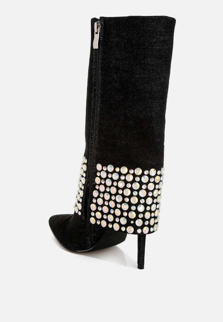 diamante & rhinestones denim boots#colour_black