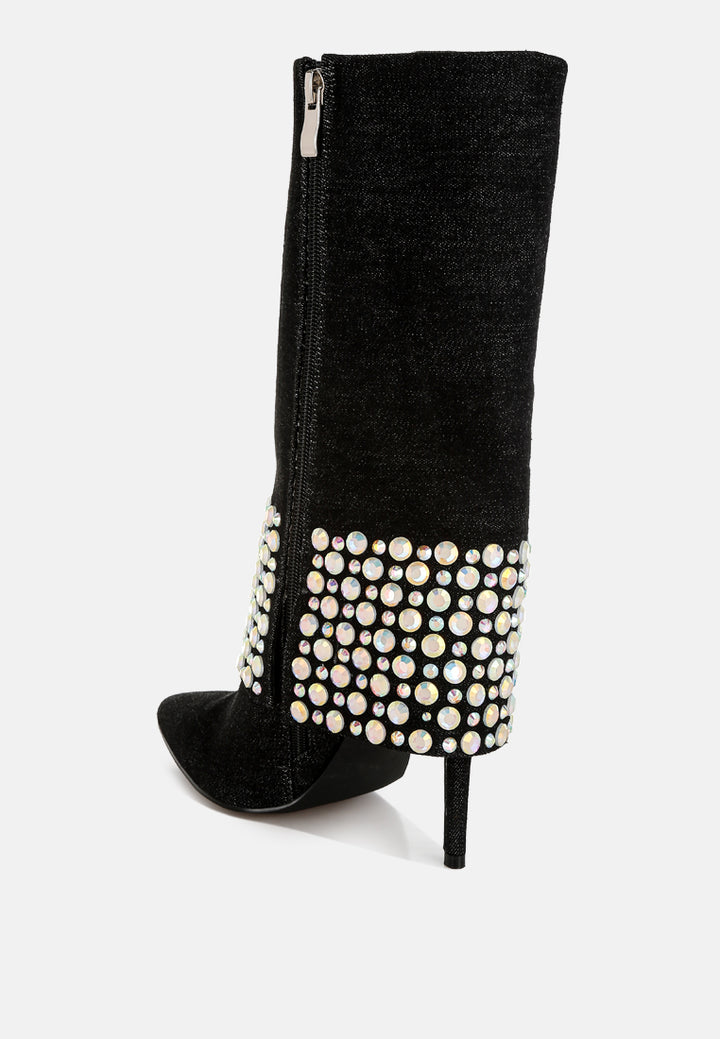 diamante & rhinestones denim boots#colour_black