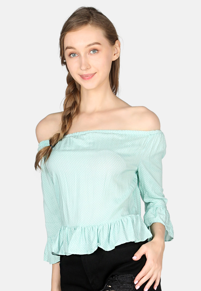 women polka dot off shoulder top#color_mint