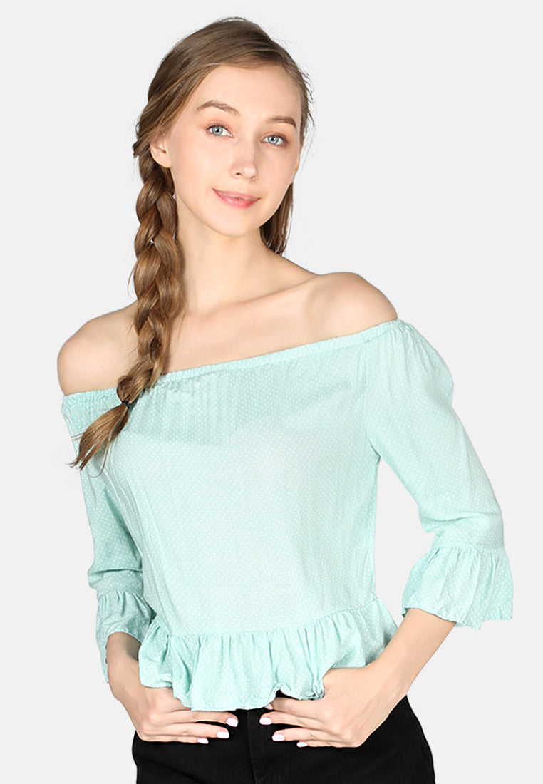 women polka dot off shoulder top#color_mint