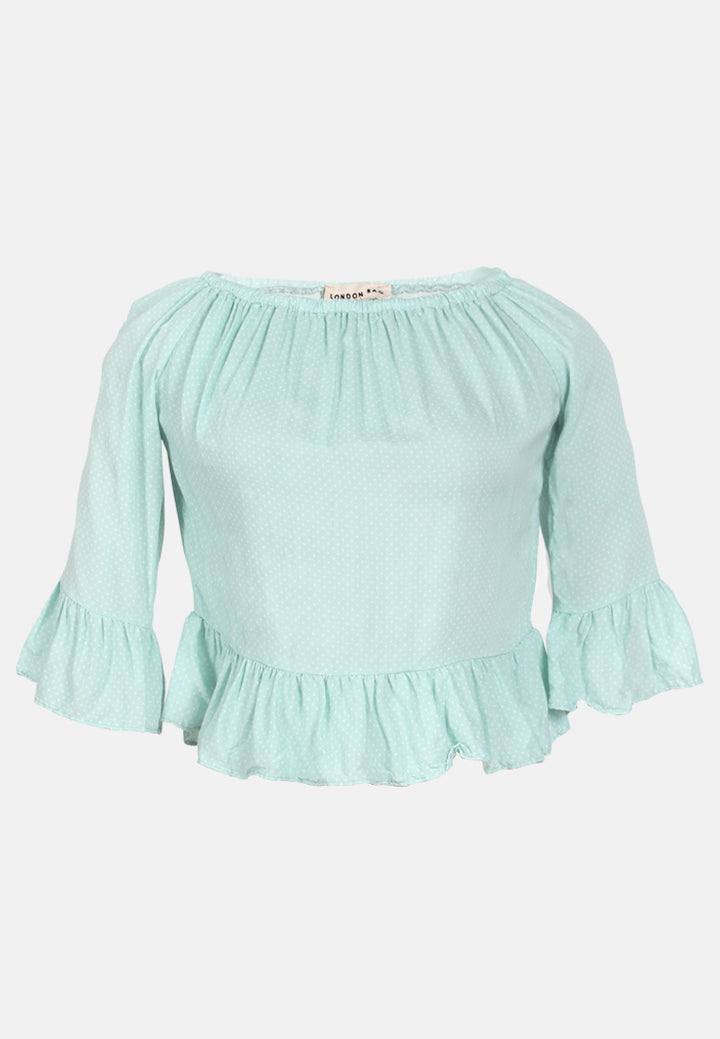 women polka dot off shoulder top#color_mint