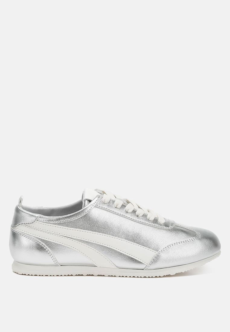 faux leather lace-up sneakers#color_silver