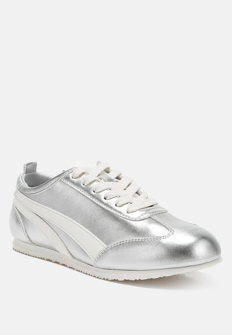faux leather lace-up sneakers#color_silver