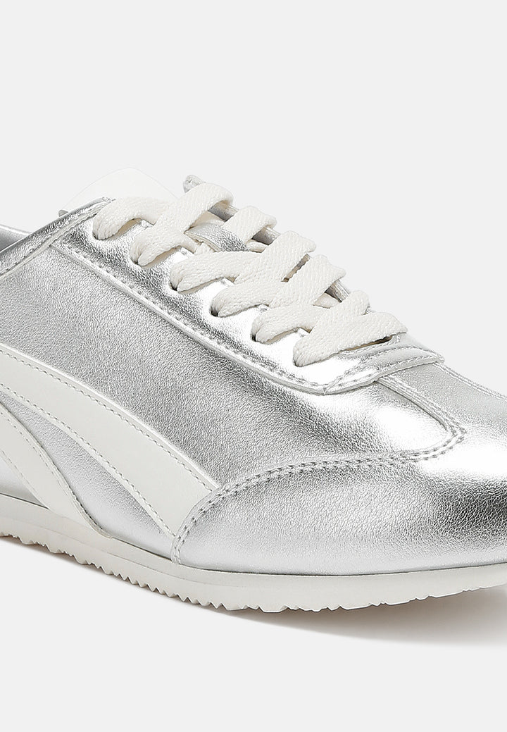 faux leather lace-up sneakers#color_silver