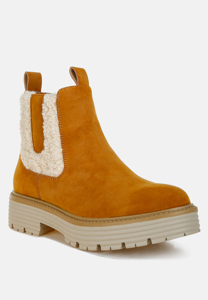 women faux fur detail chunky ankle boots#color_tan