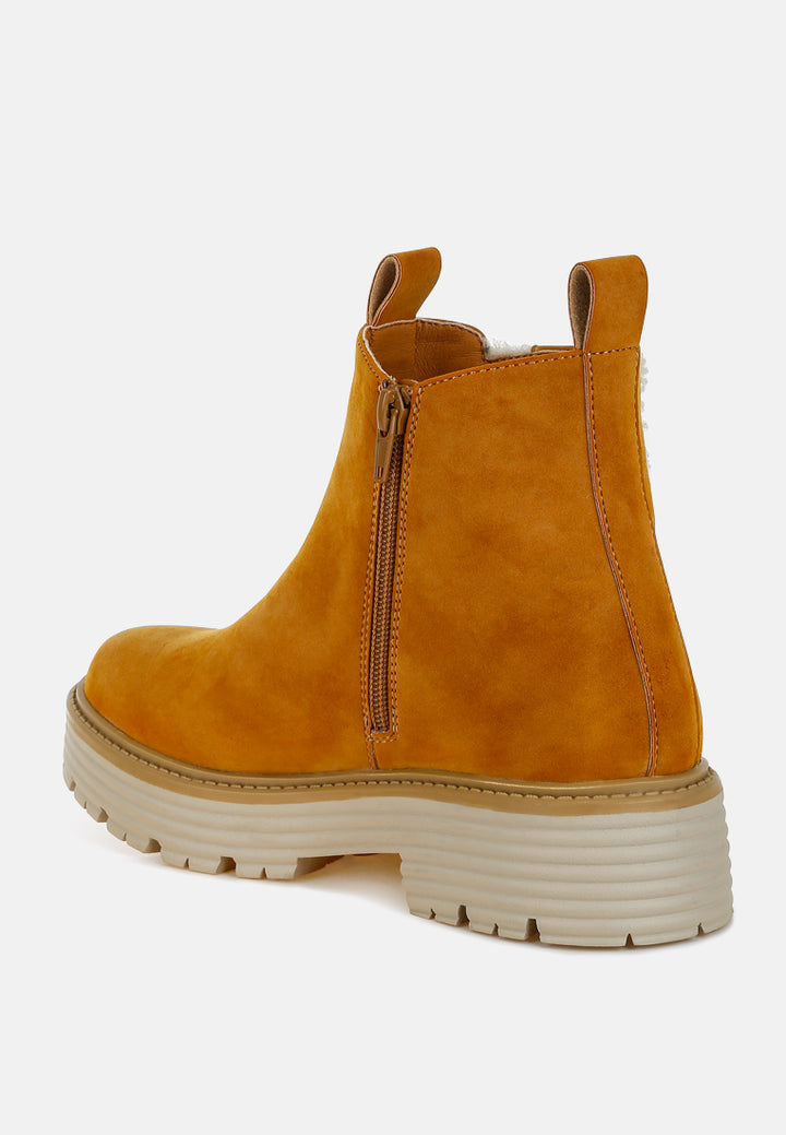 women faux fur detail chunky ankle boots#color_tan