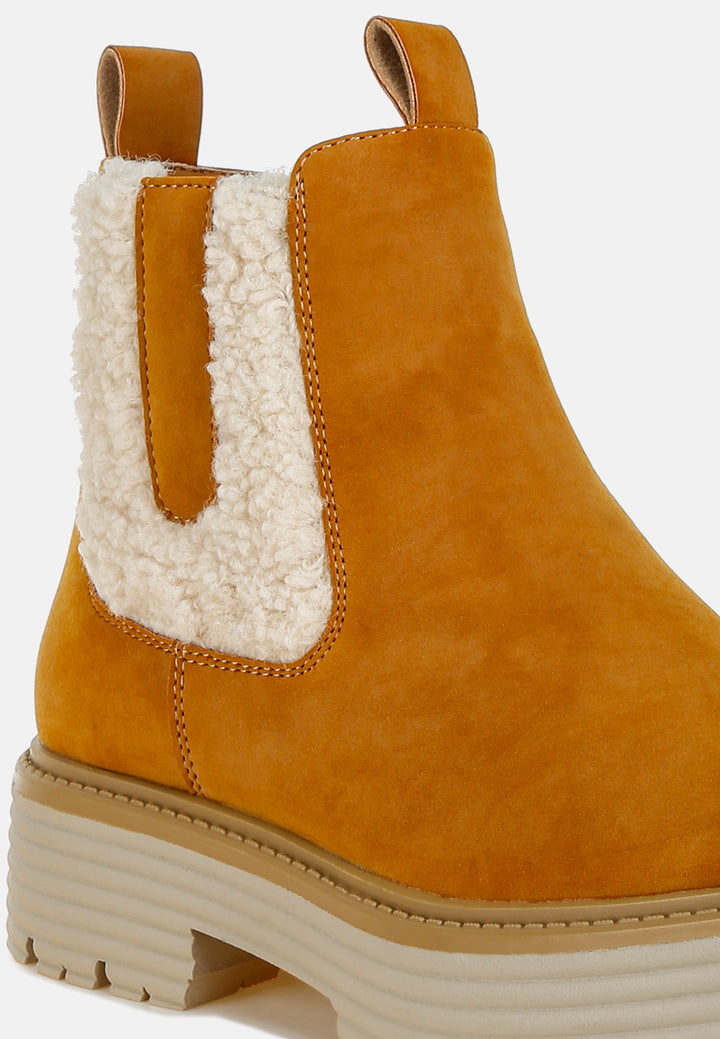 women faux fur detail chunky ankle boots#color_tan
