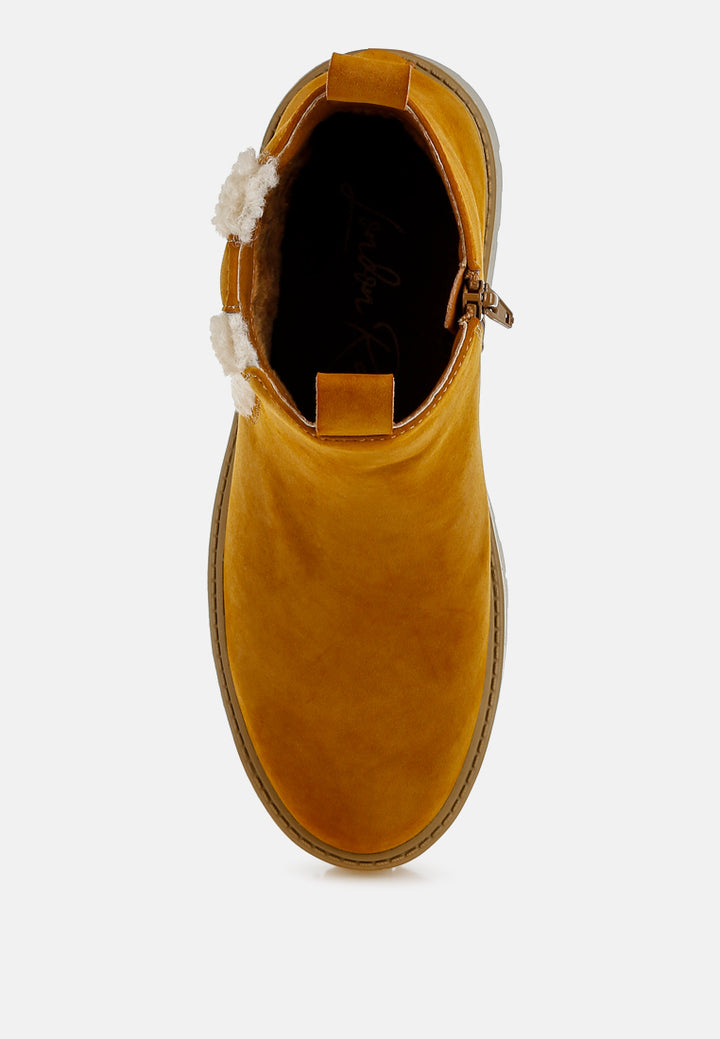 women faux fur detail chunky ankle boots#color_tan