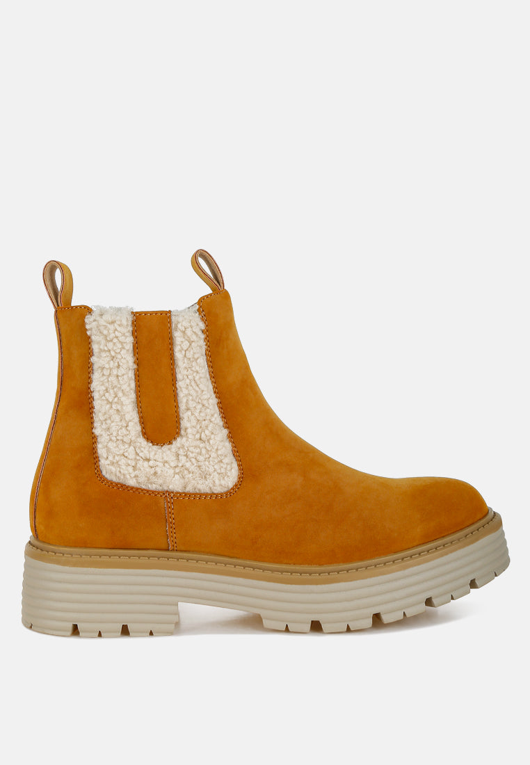 women faux fur detail chunky ankle boots#color_tan