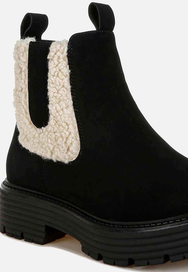 women faux fur detail chunky ankle boots#color_black