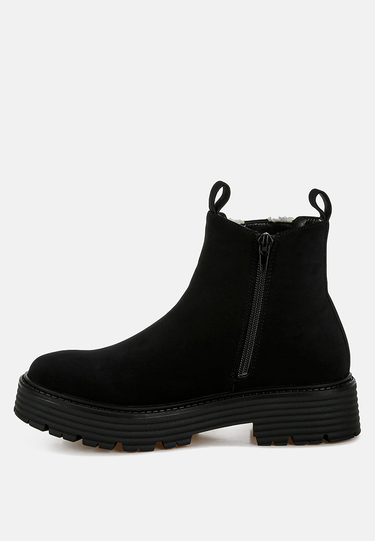 women faux fur detail chunky ankle boots#color_black