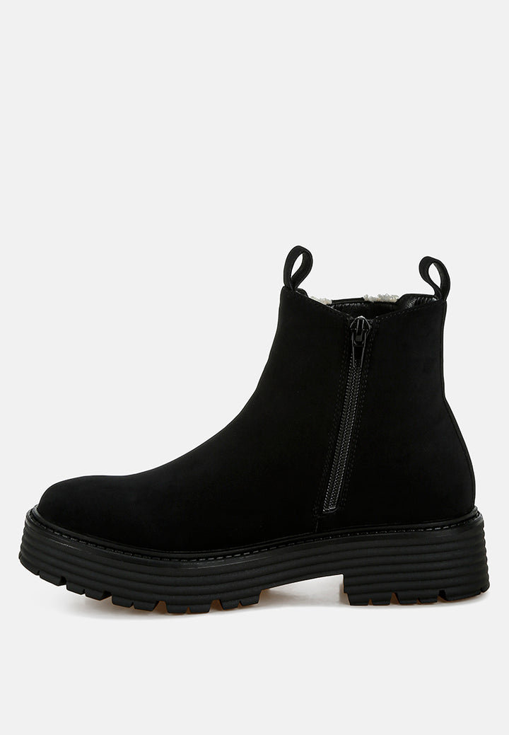 women faux fur detail chunky ankle boots#color_black