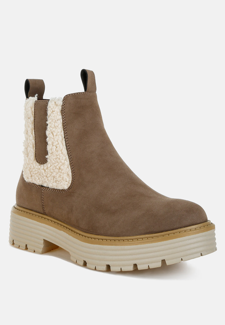 women faux fur detail chunky ankle boots#color_taupe