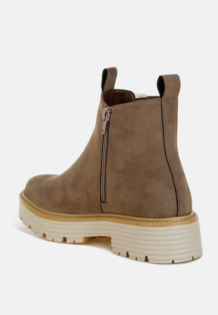 women faux fur detail chunky ankle boots#color_taupe