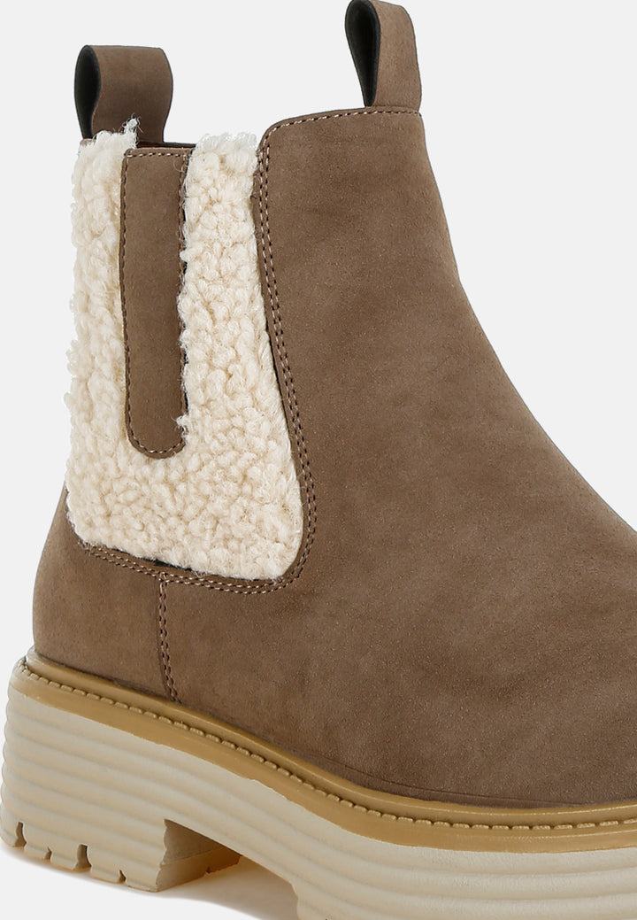 women faux fur detail chunky ankle boots#color_taupe