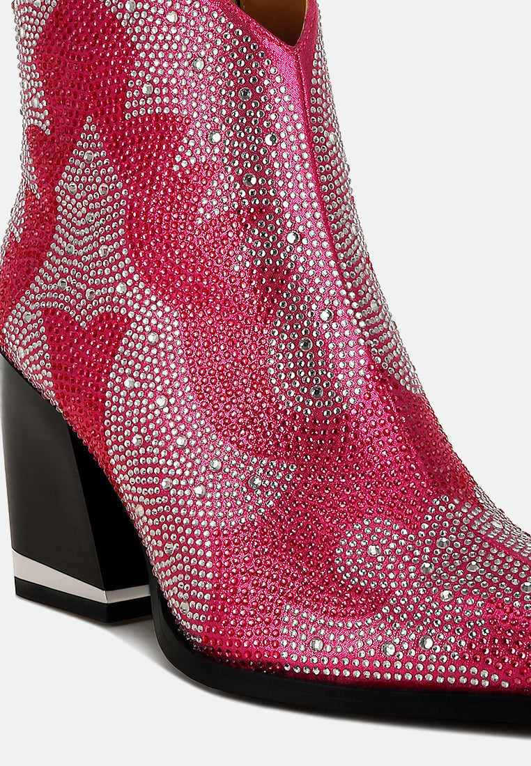 women rhinestones embellished ankle boots#color_fuchsia