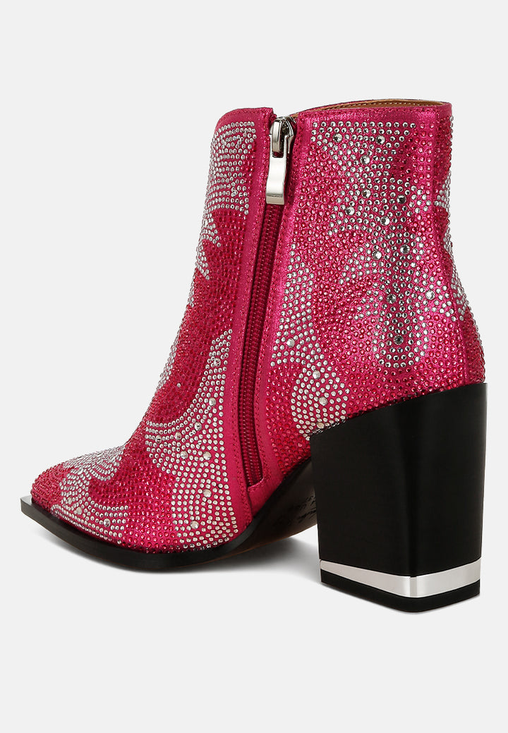 women rhinestones embellished ankle boots#color_fuchsia