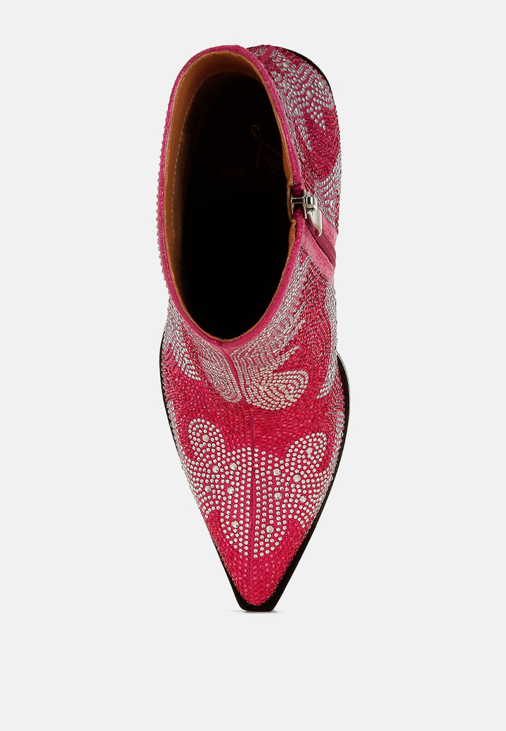 women rhinestones embellished ankle boots#color_fuchsia