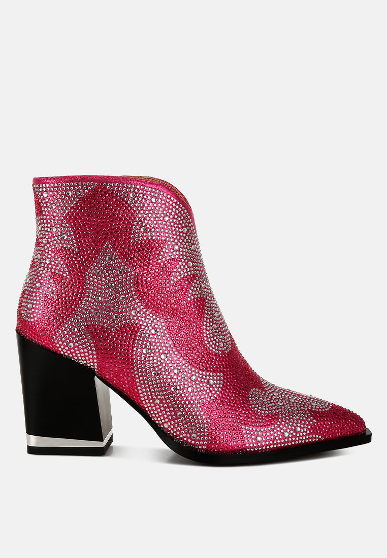 women rhinestones embellished ankle boots#color_fuchsia
