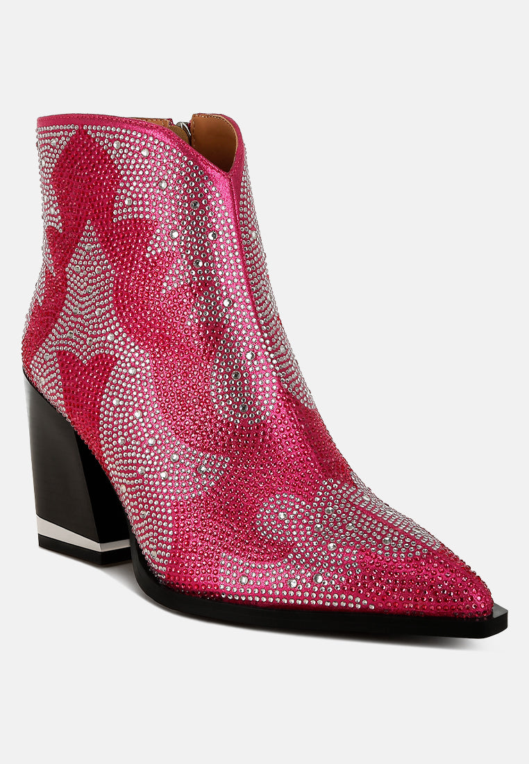 women rhinestones embellished ankle boots#color_fuchsia