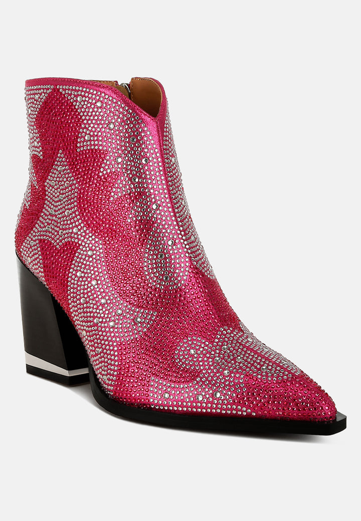 women rhinestones embellished ankle boots#color_fuchsia
